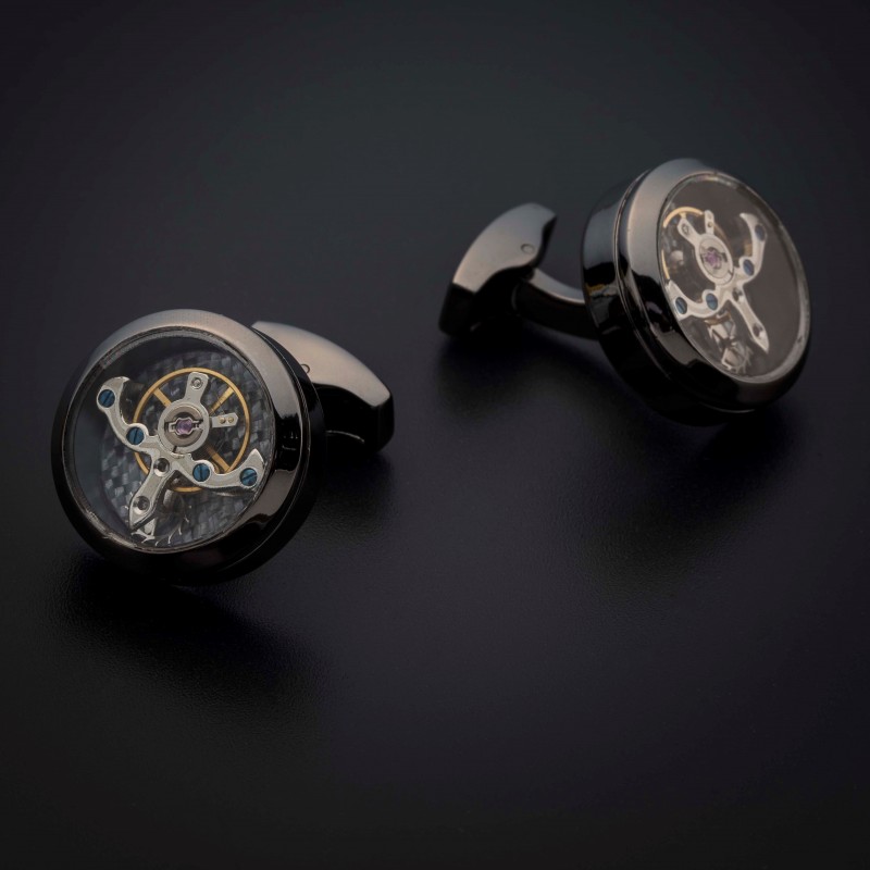 Boutons de manchettes "tourbillon" - acier inoxydable & laiton plaqué rhodium - couleur anthracite (gris foncé) Boutons de manchettes "tourbillon" - acier inoxydable & laiton plaqué rhodium - couleur anthracite (gris foncé)