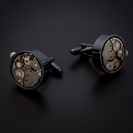 Boutons de manchettes "mouvement de montre" - acier inoxydable & laiton plaqué rhodium - couleur anthracite & acier Boutons de manchettes "mouvement de montre" - acier inoxydable & laiton plaqué rhodium - couleur anthracite & acier