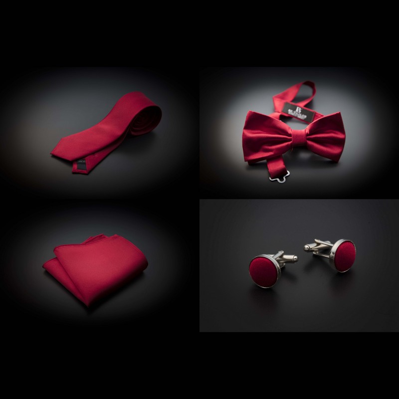 Set cravate, noeud papillon, pochette & boutons de manchettes - couleur unie rouge