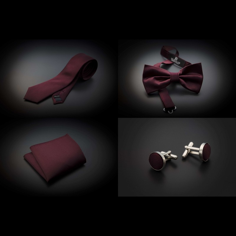 Set cravate, noeud papillon, pochette & boutons de manchettes - couleur unie bordeau