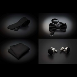 Set cravate, noeud papillon, pochette & boutons de manchettes - couleur unie noir