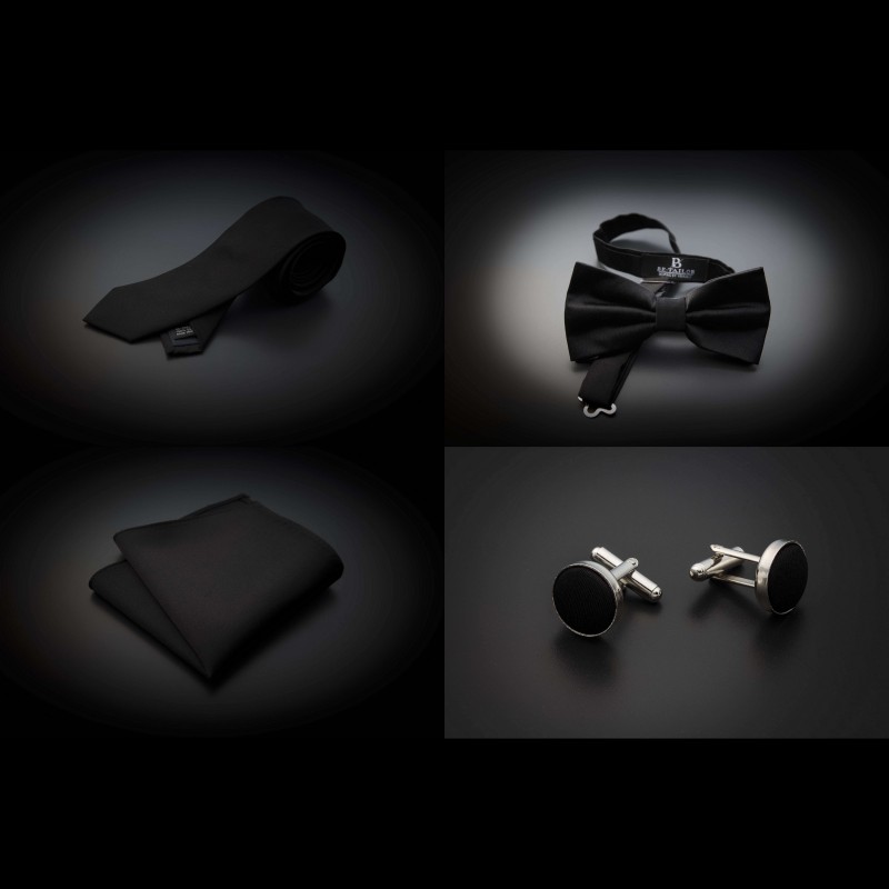 Set cravate, noeud papillon, pochette & boutons de manchettes - couleur unie noir