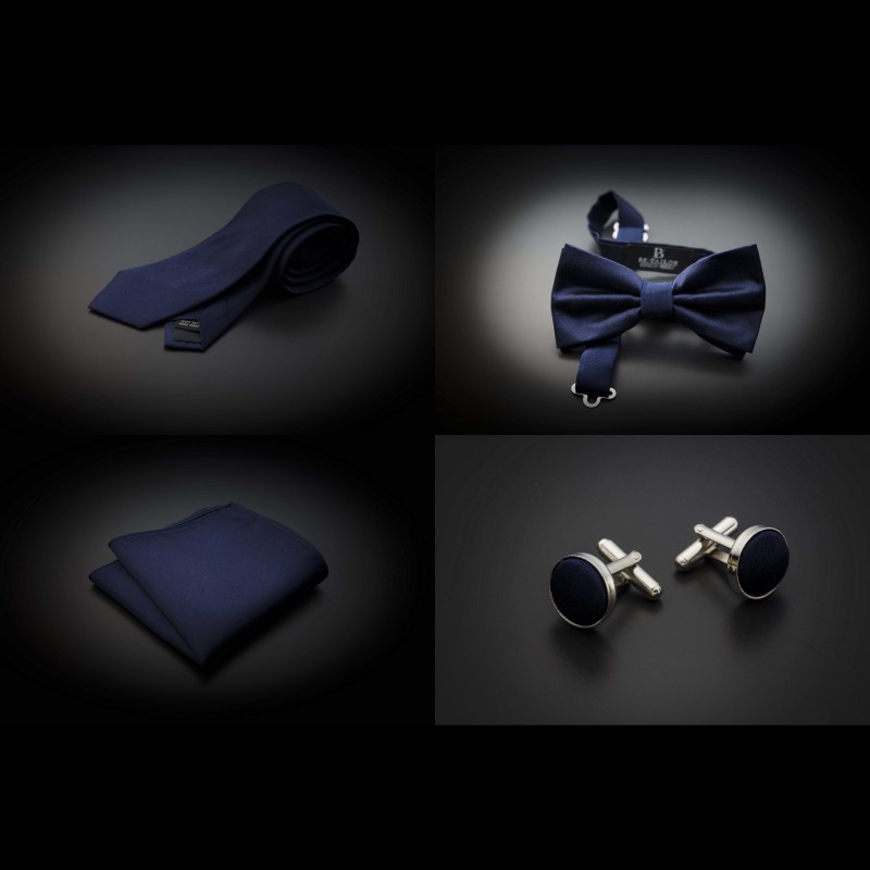 Set cravate, noeud papillon, pochette & boutons de manchettes - couleur unie bleu foncé