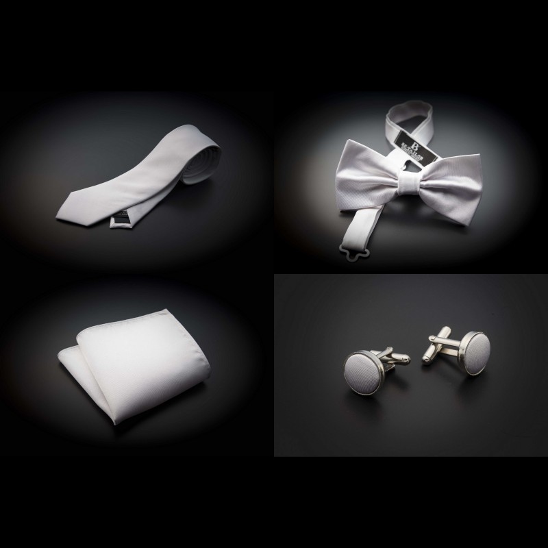 Set cravate, noeud papillon, pochette & boutons de manchettes - couleur unie blanc