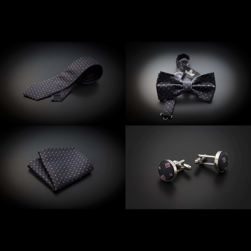 Set cravate, noeud papillon, pochette & boutons de manchettes - gris foncé à motifs rose et argenté
