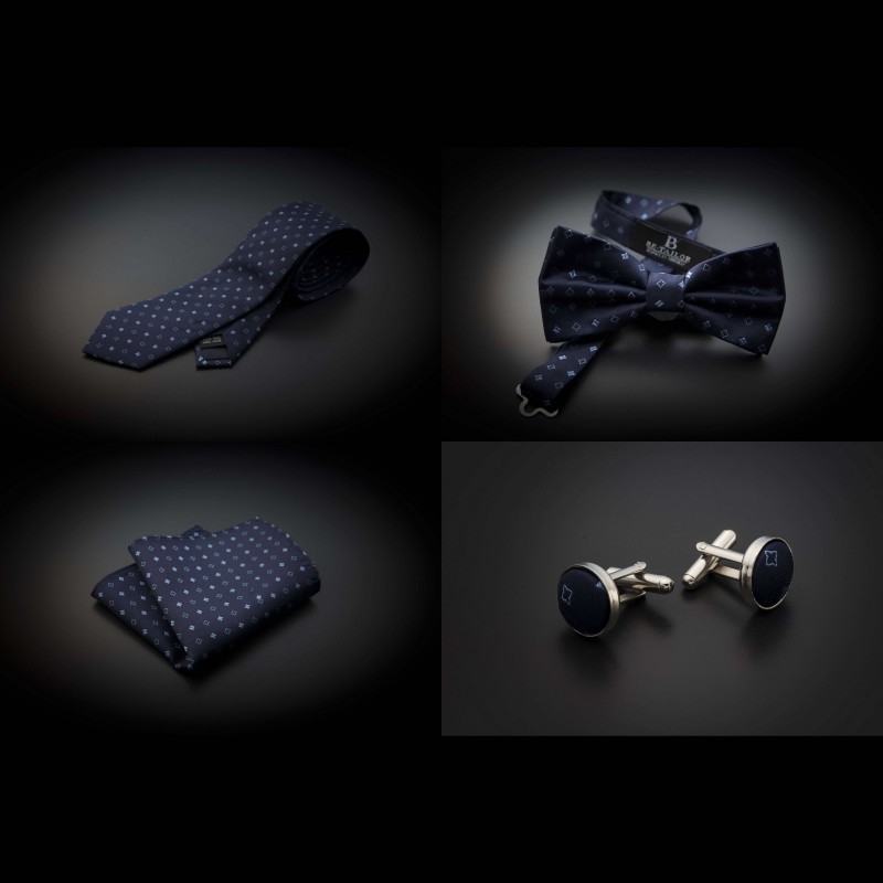 Set cravate, noeud papillon, pochette & boutons de manchettes - bleu foncé à motifs bleu clair