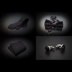Set cravate, noeud papillon, pochette & boutons de manchettes - aubergine à motifs rose et argenté
