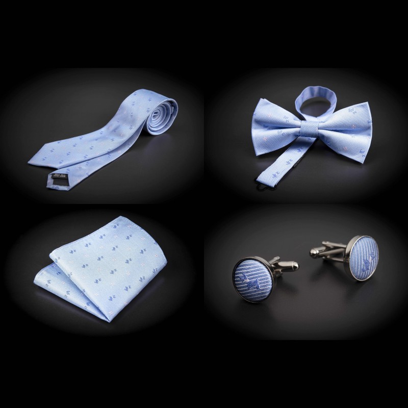 Set cravate, noeud papillon, pochette & boutons de manchettes - bleu clair à motifs petits chiens