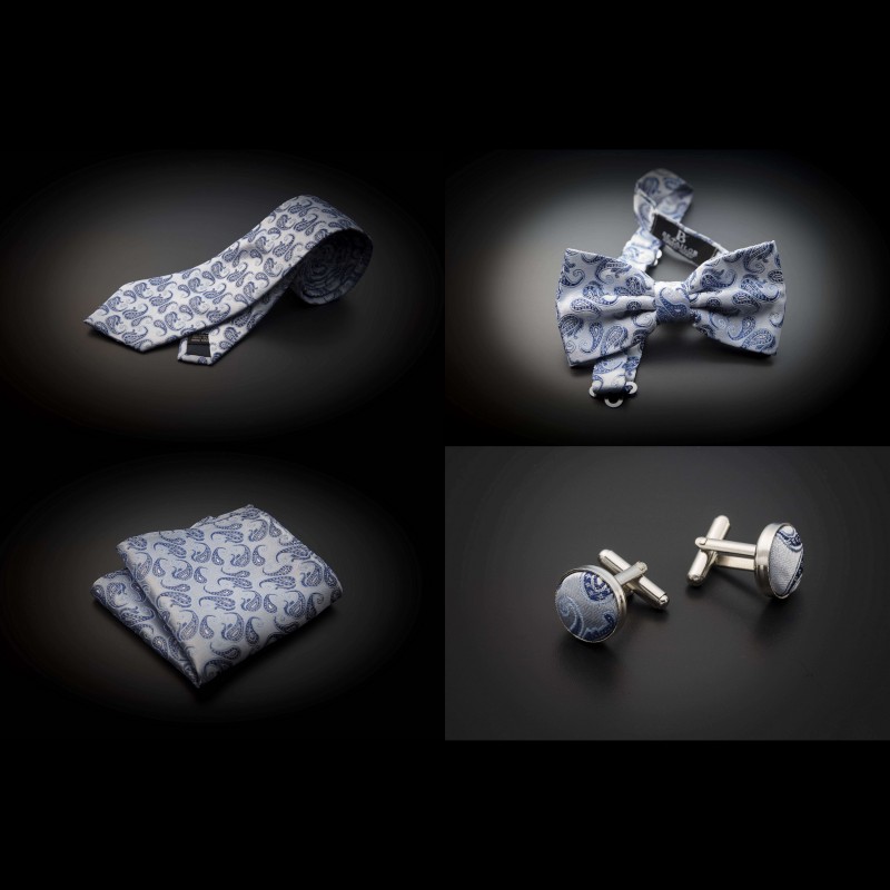 Set mariage cravate, noeud papillon, pochette & boutons de manchettes - gris argenté à motifs Paisley bleu