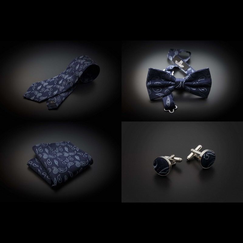 Set mariage cravate, noeud papillon, pochette & boutons de manchettes - bleu foncé à motifs Paisley bleu clair