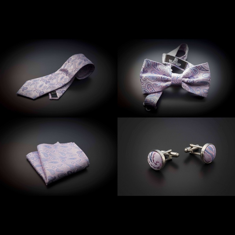 Set mariage cravate, noeud papillon, pochette & boutons de manchettes - rose à motifs Paisley bleu