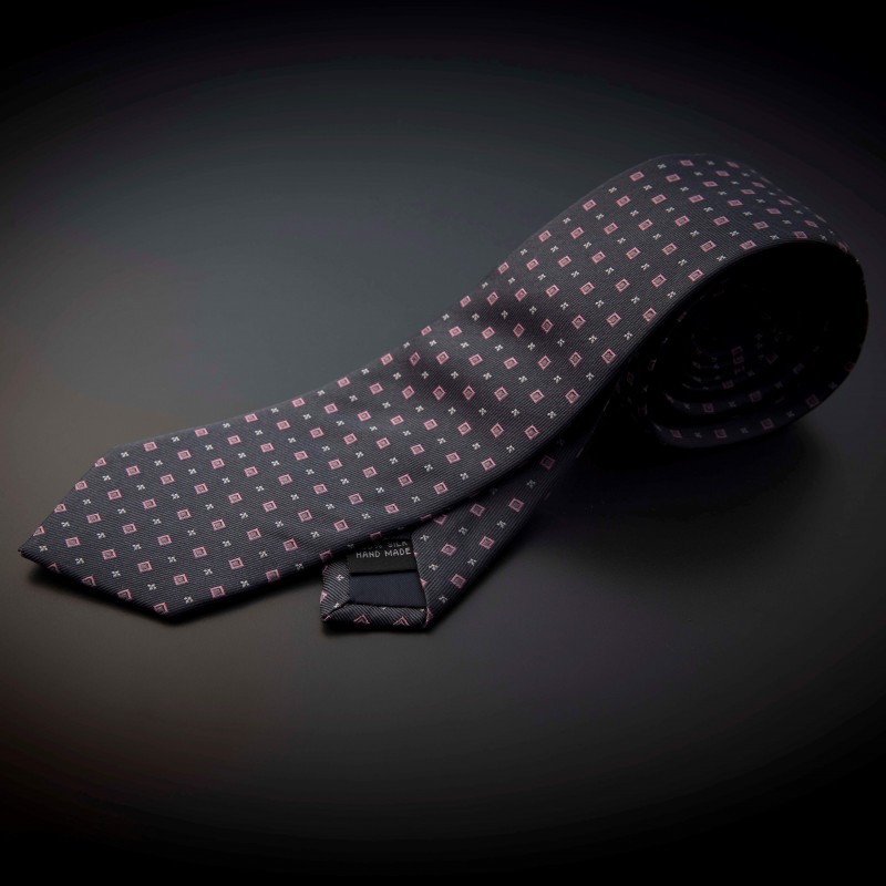 Cravate homme pure soie - gris foncé (anthracite) à motifs rose et argenté