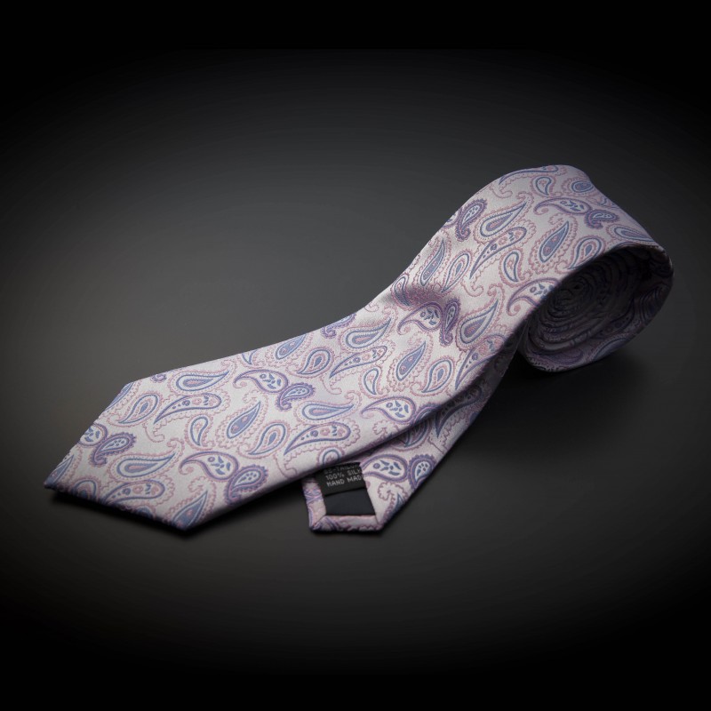 Cravate homme mariage pure soie - rose à motifs Paisley bleu clair