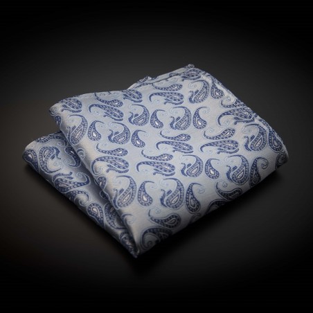 Pochette mariage pure soie - gris argenté à motifs bleu Pochette mariage pure soie - gris argenté à motifs bleu
