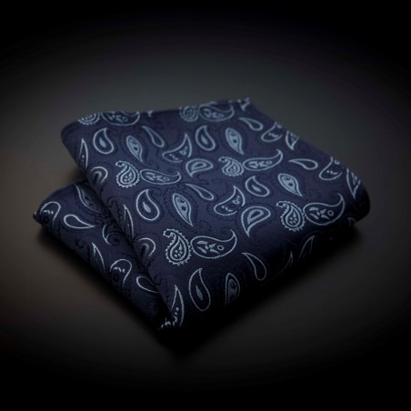 Pochette mariage pure soie - bleu foncé à motifs Paisley bleu clair Pochette mariage pure soie - bleu foncé à motifs Paisley bleu clair