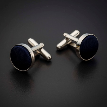 Boutons de manchettes acier & soie - couleur tissu uni bleu foncé Boutons de manchettes acier & soie - couleur tissu uni bleu foncé