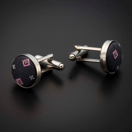 Boutons de manchettes acier & soie - tissu couleur gris foncé (anthracite) à motifs rose et argenté Boutons de manchettes acier & soie - tissu couleur gris foncé (anthracite) à motifs rose et argenté