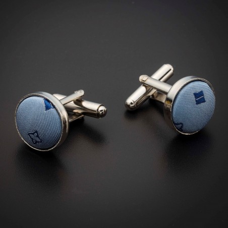 Boutons de manchettes acier & soie - tissu couleur bleu clair à motifs bleu foncé Boutons de manchettes acier & soie - tissu couleur bleu clair à motifs bleu foncé