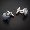 Boutons de manchettes acier & soie - tissu couleur gris argenté à motifs Paisley bleu Boutons de manchettes acier & soie - tissu couleur gris argenté à motifs Paisley bleu