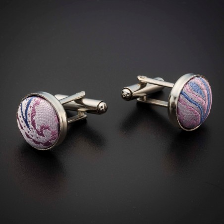 Boutons de manchettes acier & soie - tissu couleur rose à motifs Paisley bleu Boutons de manchettes acier & soie - tissu couleur rose à motifs Paisley bleu