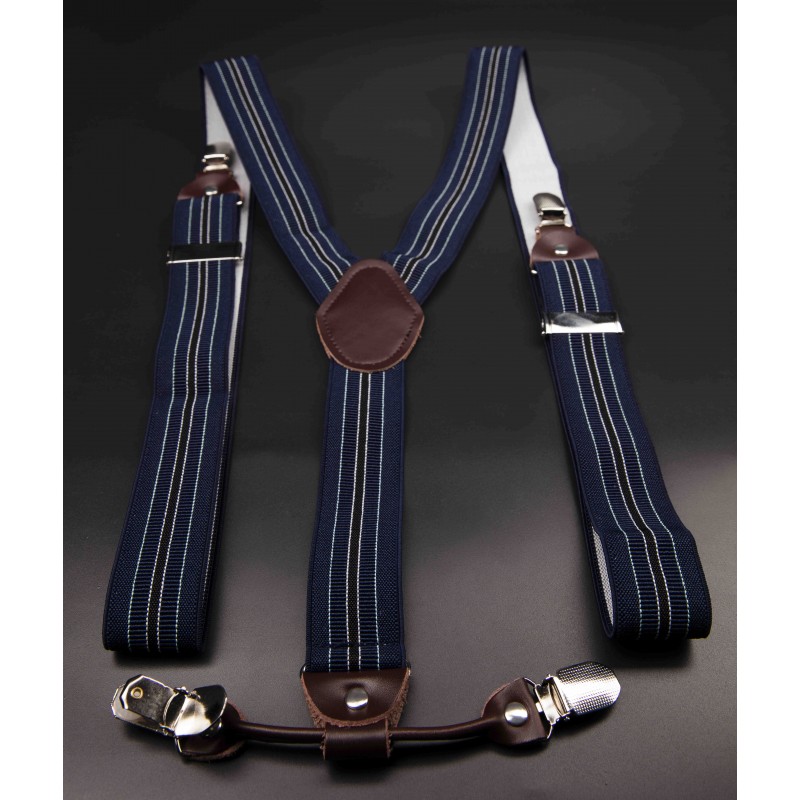 Bretelles - 3,5x120cm - cuir véritable & élasthanne - couleur bleu rayé (rayures bleu clair et blanches)