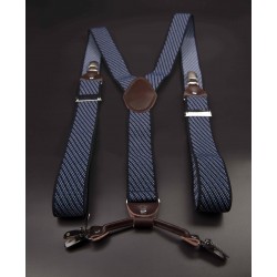 Bretelles - 3,5x120cm - cuir véritable & élasthanne - couleur bleu à rayures diagonales blanches