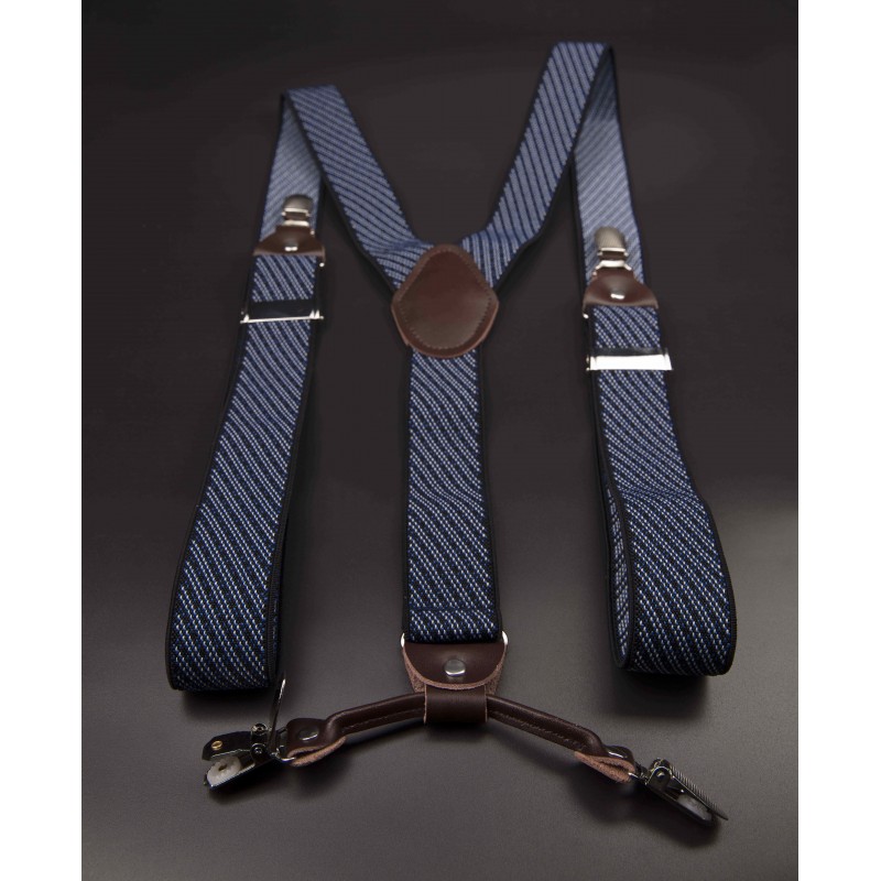 Bretelles - 3,5x120cm - cuir véritable & élasthanne - couleur bleu à rayures diagonales blanches