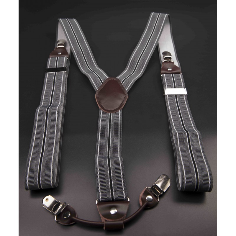 Bretelles - 3,5x120cm - cuir véritable & élasthanne - couleur gris rayé